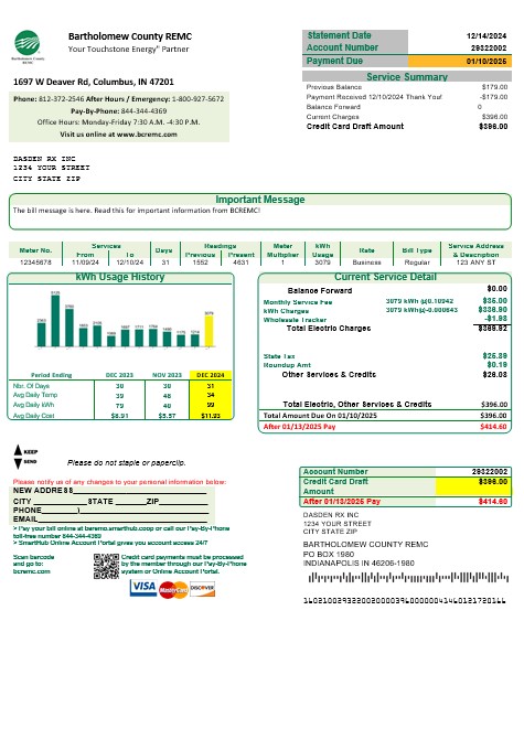 USA Indiana Bartholomew County REMC business utility bill template in Word and PDF formats